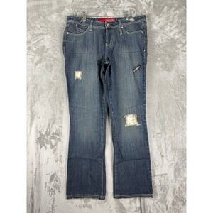 VTG Guess Jeans Womens Blue Bootcut Denim Pants Distressed‎ Patch Detail Size 32